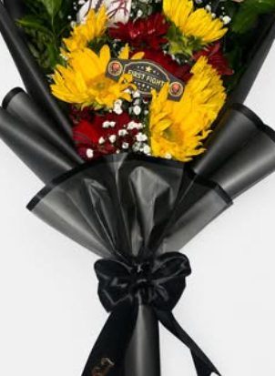 Sunflower and red rose bouquet in black wrapping