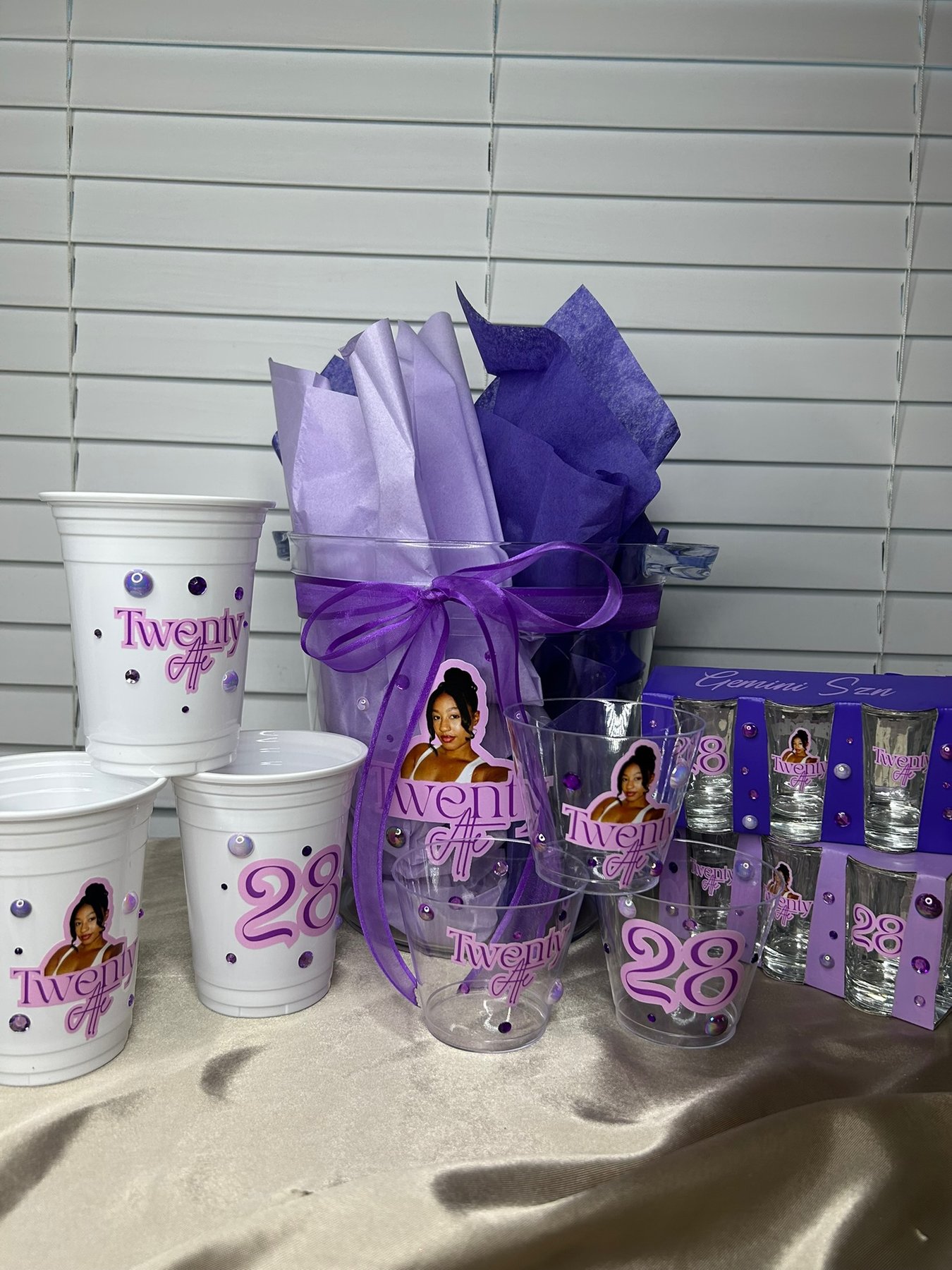 Custom purple birthday cups and shot glasses gift set