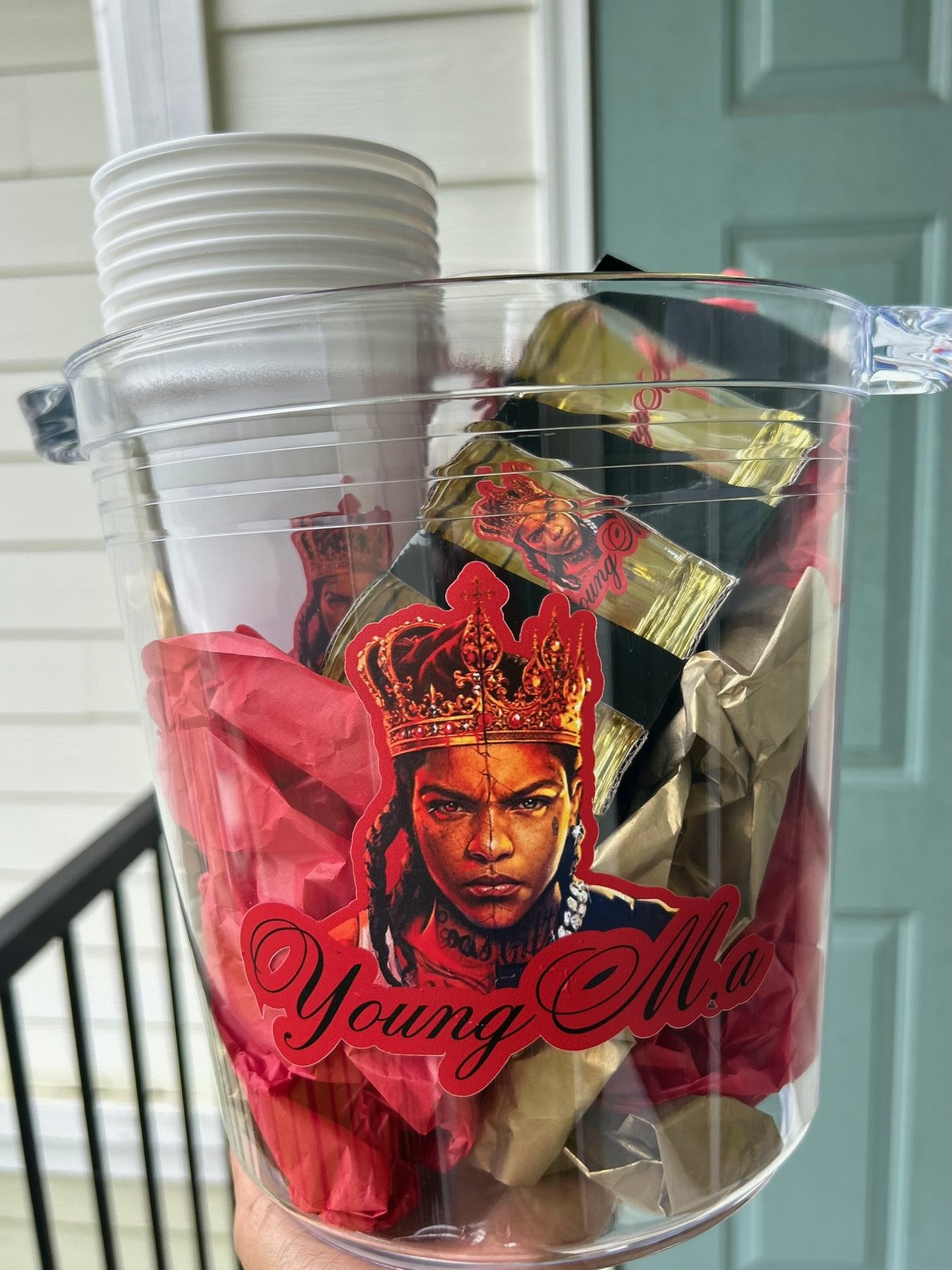 Custom themed cup and favor bucket with gold accents